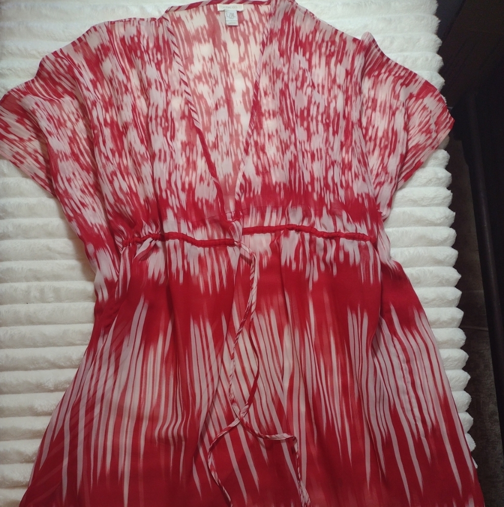 Chicos L/XL Cape Kimono Red White Sheer Relaxed Artsy Drawstring Lagenlook Swim